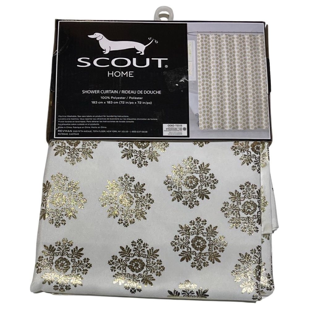SCOUT Home Shower Curtain Snowflake Gold on White 100% Polyester 72x72” NWT